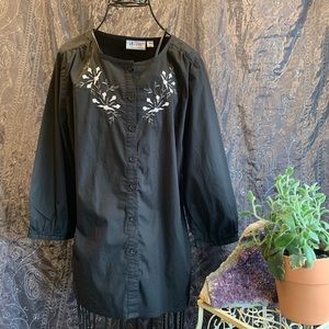 Denim & Co. Peasant Blouse Black Cotton Embroidered Flowers Button-Up Shirt